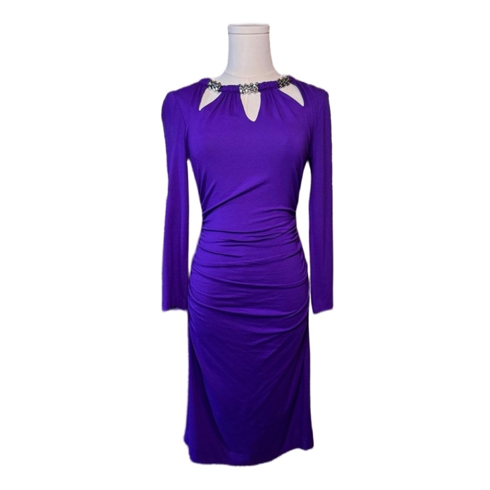Cache Purple Bodycon Cocktail Dress XS Ruched Rhinestone Party Holiday Glam